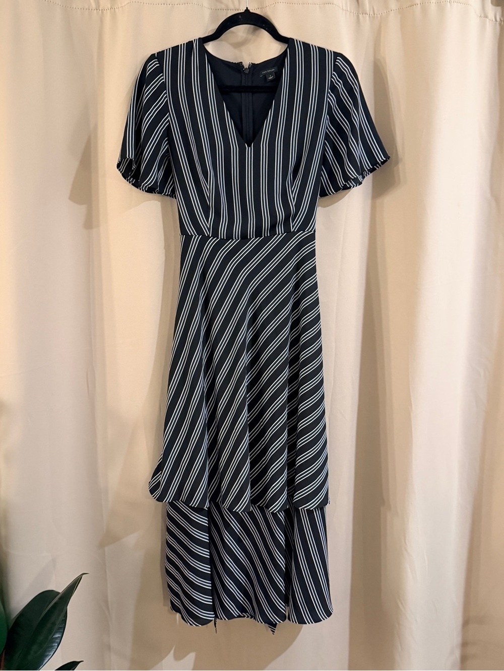 Ann Taylor Black & White Striped V-Neck Tiered Dress with belt